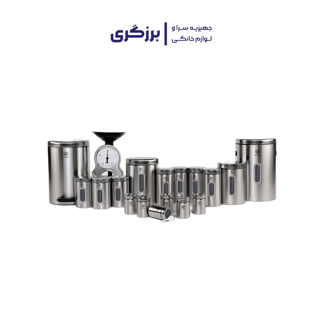 سرویس آشپزخانه 18پارچه اورانوس مدل استوانه نقره ای طرح استیل با درب استیل