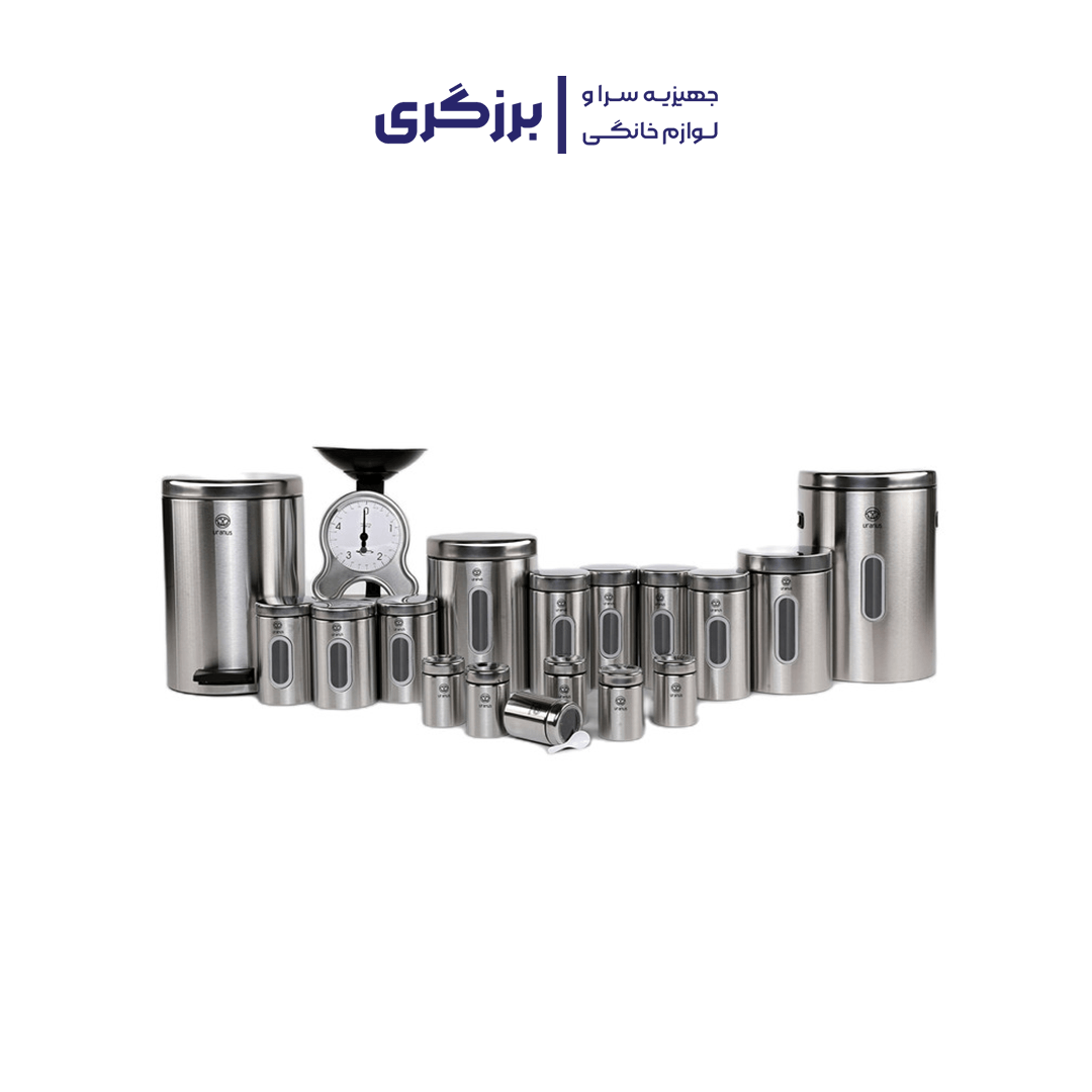 سرویس آشپزخانه 18پارچه اورانوس مدل استوانه نقره ای طرح استیل با درب استیل سرویس آشپزخانه 18پارچه اورانوس مدل استوانه نقره ای طرح استیل با درب استیل