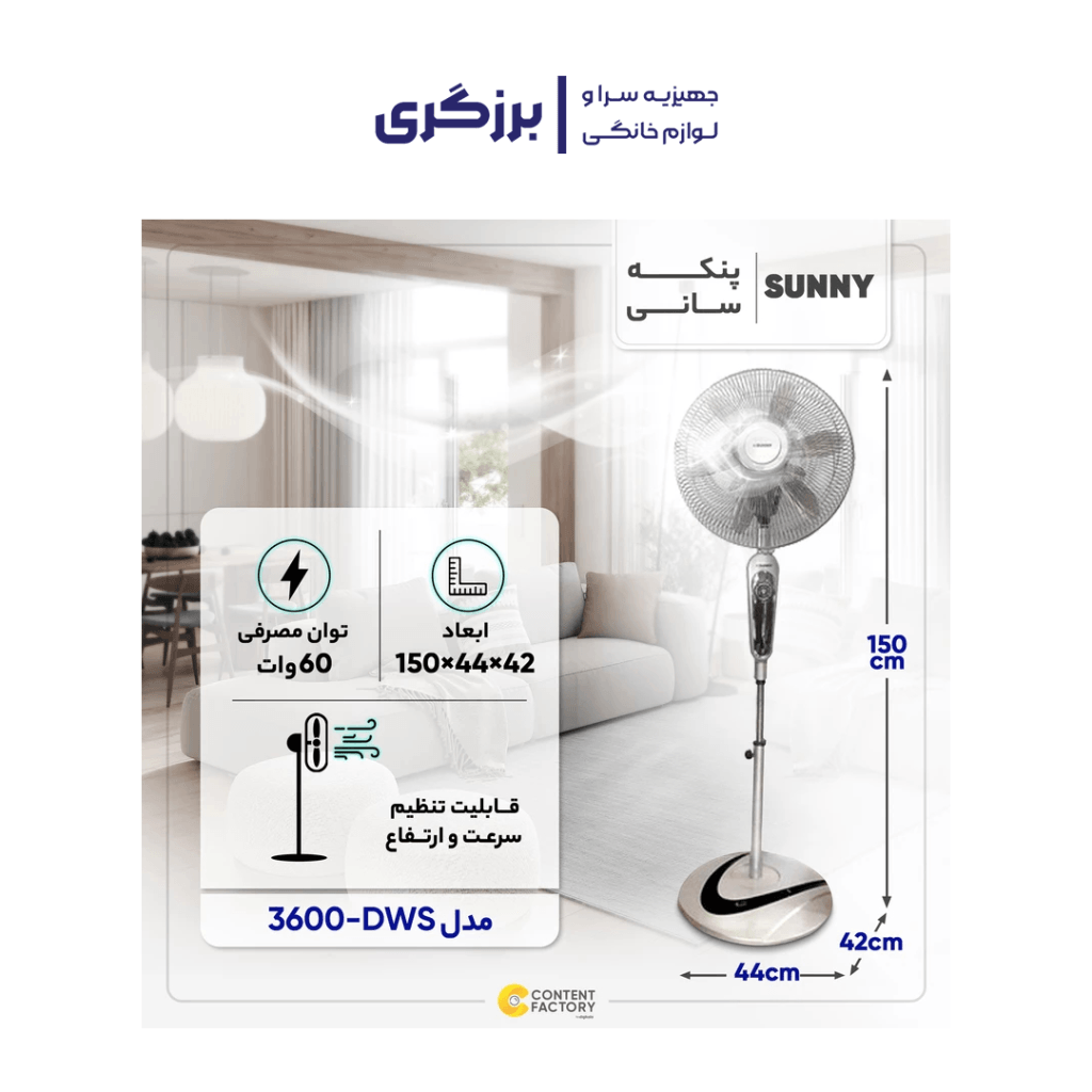 دارای ریموت کنترل قابلیت تنظیم ارتفاع دارای تایمر دارای 6 پره پلاستیکی 3 سرعته چرخش 360 درجه دارای فیوز حرارتی وزن 9.6 کیلوگرمی حجم باددهی 100 متر مکعب بر دقیقه